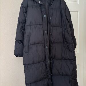 Prologue Black Long Quilted Puffer Coat with Snap & Zip Front